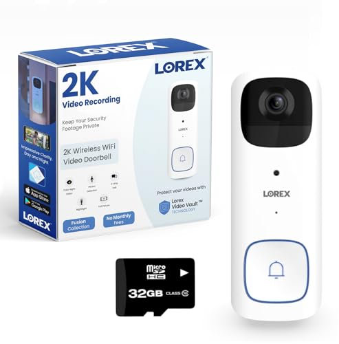 Lorex 2K Wireless WiFi Smart Video Doorbell Camera | No Subscription Fee | 32GB MicroSD Card Included | Smart Security Lighting | Night Vision | Battery-Powered | Motion Detection | White