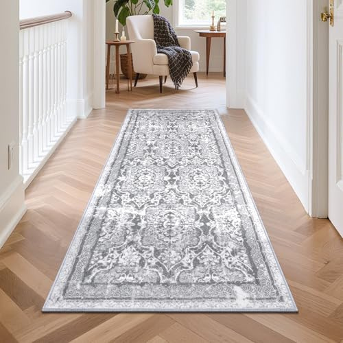 Enyhom Carpet Runner Rugs for Hallway 60 x 180cm Non Slip Machine Washable Boho Hallway Runners Extra Long Kitchen Runner Super Soft Carpet Rug for Living Room Entryway Laundry Room, Grey