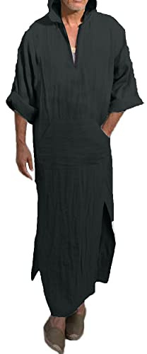 YAOLE herr linnekaftan långärmad rock sida delad caftan thobe med huva mörkgrå XL, svart