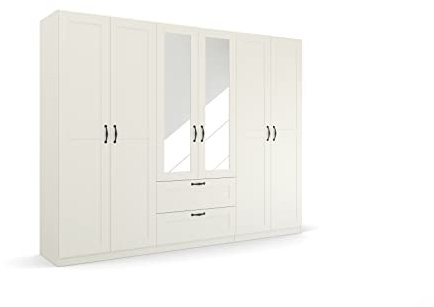 Rauch Möbel Quadra-Spin Cottage, Kleiderschrank, Farbe Weiß, Breite 271 cm | Schrank im Landhausstil, 6-türig, Spiegel, 2 Schubladen, für Schlafzimmer, Kinderzimmer, Wohnzimmer, Garderobe, Flur
