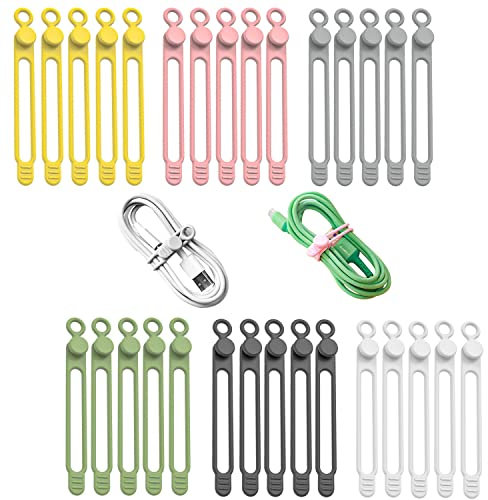30 Stück wiederverwendbare Kabelbinder, 6 Farben aus Silikon, für Kabelmanagement, verstellbar, vielseitig einsetzbar, zum Bündeln und Befestigen von Kabeln (1)
