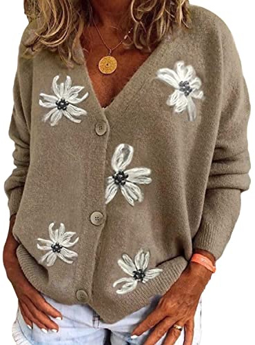 ORANDESIGNE D Gris Femme Cardigan Manches Longues Mode Veste Courte Lâché Gilets en Tricot Imprimé Marguerites Chandail Chaud Bouton Ouvert Blouson Sweater Outwear Haut Top XL