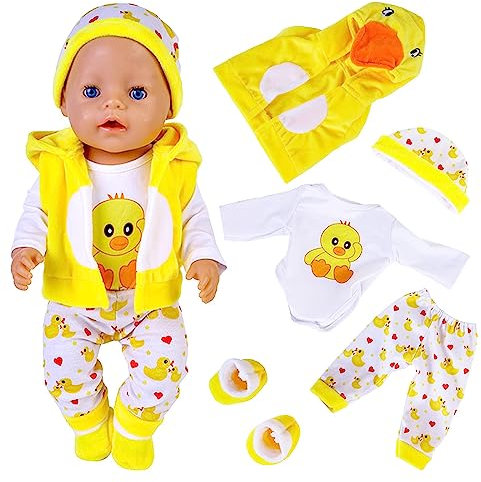 Puppenkleidung für 14-18 Zoll Puppen, Kleidung Outfits Kompatibel mit 35-43 cm New Born Baby Puppen, Puppenzubehör mit Mütze Socken Langarmhose Weste Niedliche Gelbe Enten aus Baumwolle