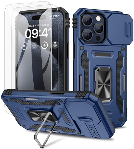 Doeshine for iPhone 15 Pro Case, 2 Pack Screen Protector, with Magnetic Ring Kickstand & Slide Camera Cover, Shockproof Military Drop Protection Cases for iPhone 15 Pro 5G (Navy)