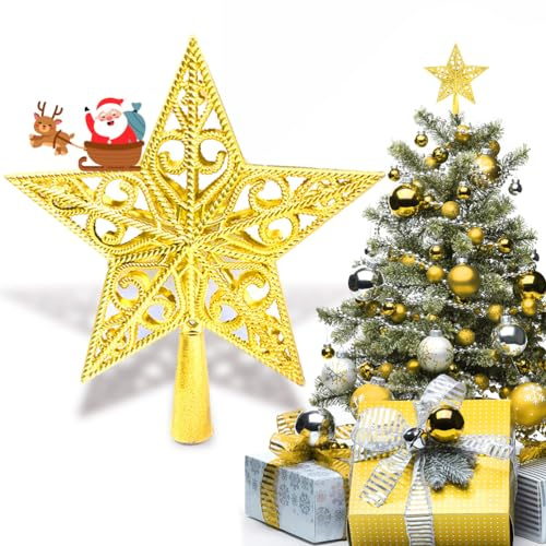 NOCHME Étoile De Sapin De Noël Vintage Légère Classique Creuse en Plastique Décoration Etoile Pointe De Sapin De Noël Christmas Topper Star 8 Pouce Or