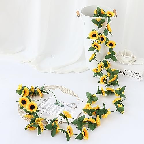 Egurs Künstliche Sonnenblumen Girlande Fake Girlande Rebe Künstliche Blumen Girlanden Sonnenblumenrebe mit grünen Blättern hängende Sonnenblumen für Hochzeit Party Schlafzimmer Garten Deko 5 Stück