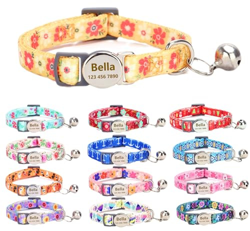 Moonpet Personalisiertes Katzenhalsband mit Namen und Telefonnummer, Katzenhalsband mit Sicherheitsverschluss und glöckchen-Orangefarbene Blume