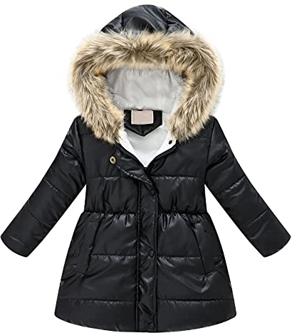 UnoSheng Giubbotto di piumino per bambini, per l'inverno, spesso, caldo, antivento, con cappuccio, per l'outwear, Nero , 10-11 anni