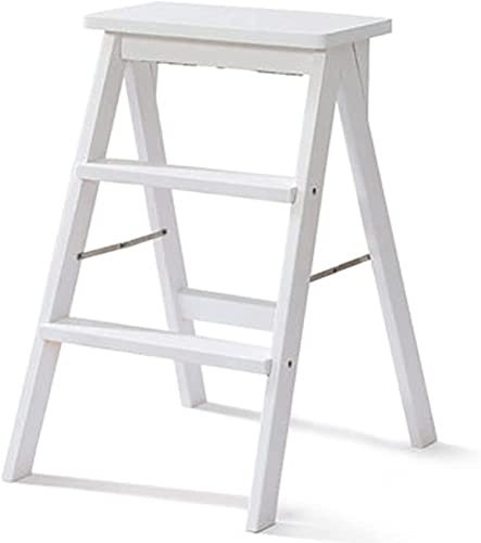 SZITW Klappbarer Tritthocker, Tritthocker, klappbarer 3-Stufen-Hocker für Erwachsene/Senioren, tragbare Trittleiter aus Holz für Küche/Schlafzimmer, maximale Belastung 150 kg (weißes R)