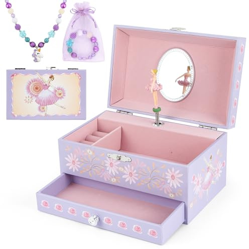 hombrima boîte à bijoux musicaux avec tiroir collier bracelet, boîte de réception de bijoux musicaux avec Ballet rotatif ensemble cadeau pour les enfants pour les filles d'enfants