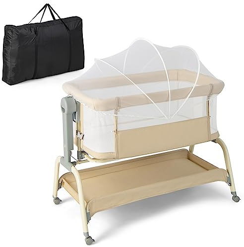 GOPLUS 3 in 1 Baby Beistellbett, Höhenverstellbares Babybett mit Matratze & Moskitonetz & Korb, Neigbares Kinderbett mit Faltbarer Seitenwand, Mobiles Reisebett mit Tragetasche (Beige)