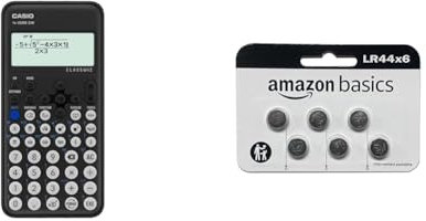 Casio FX-82DE CW ClassWiz technisch wissenschaftlicher Rechner & Amazon Basics – LR44 Alkaline-Knopfzelle, 6 stück