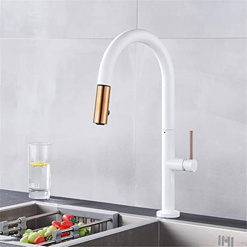 LiChA Black/White Rose Gold Kitchen Faucets Pull Out Spray Head 360 Rotation Single Handle Mixer Tap Kitchen Sink Mixer Tap Deck Mounted with Aerator,White