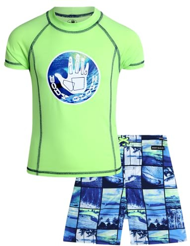 Body Glove Boys Swim Set - 2 Piece Boys Swim Trunks with Rash Guard UV Protection Swimsuit Kids Bathing Suits (Sizes 4-12), Size 7, Lime Beach