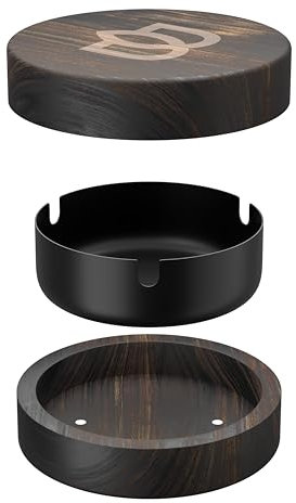 Bloomint Akazienholz Edelstahl Aschenbecher für draussen, 3-teiliger Holz Aschenbecher mit Deckel, Windaschenbecher geruchsdicht (Schwarz)