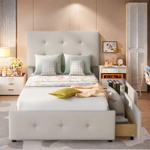 Sapgaks Bett 90x200 Schlafsofa mit bettkasten Polsterbett Einzelbett mit Schubladen, hautfreundlicher Samtstoff flaches Einzelbett Kinderbett Jugendbett Gästebett, Beige (ohne Matratze)