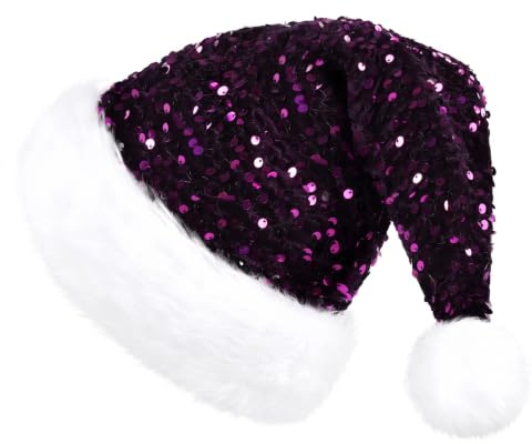 KONVINIT Weihnachtsmütze Erwachsene Nikolausmütze Weihnachtsmann Mütz mit Glitzer Pailletten und Plüsch Rand für Christbaumspitze Festliche Weihnachtsfeier Tannenbaum
