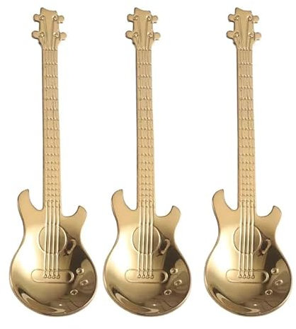 Lot de 15 cuillères à café en acier inoxydable en forme de guitare pour enfants, 3 couleurs, pour café, thé, 3 cuillères - doré