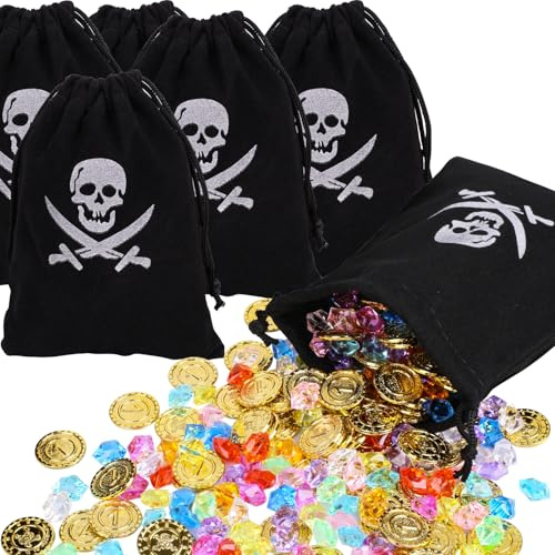 Dncvb 186 Stück Piratenschatz, Piraten Mitgebsel, Piraten Party Deko | 6 Piraten Beutel + 60 Goldmünzen Kinder + 120 Piraten Edelsteine,Halloween Piraten Deko, Piraten Kindergeburtstag