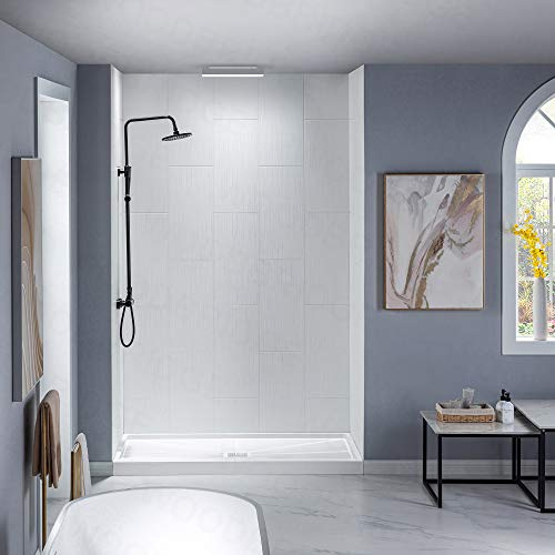 WOODBRIDGE Solid Surface 60 W x 96 H Tile Tub and Shower Wall Panel Surround, Quick Install, Cuttable, Stacked Block in a Staggered Vertical Pattern. Matte White Finish