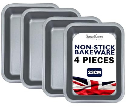 Great British Bakeware 4 Pack 23cm Superior Double Coated Non Stick Oven Tray, Baking Tray, Roasting Tins, Baking Set, Turkey/Chicken Roasting, PFOA BPA Free Cookware, Made in England