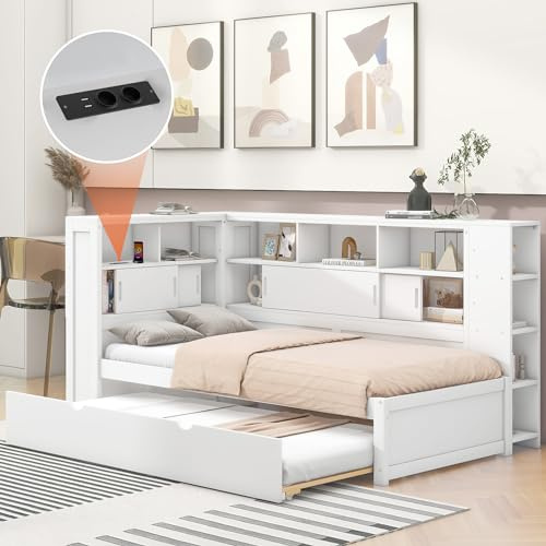 Lcoho Daybett 90x200cm(90x190cm), Kinderbett, Holzbett, Plattformbett mit Ausziehbett, Plattformbett mit Staufach mit USB (Weiß)