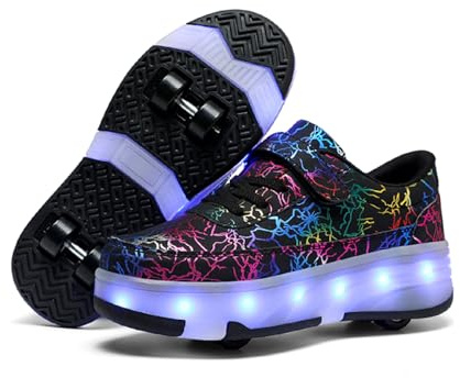 HUSKSWARE Rollschuhe Schuhe Jungen Mädchen Mit 4 Rollen Skateboardschuhe, verstellbar Jugend Schuhe mit Rollen, Schwarz Weiß 28-40 EU