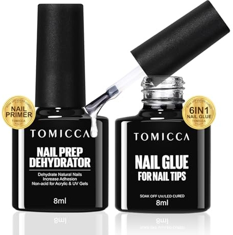 TOMICCA Nagellim 6 i 1 och primer för gelnaglar set, extra stark nagellim gel UV och nageluttorkning snabbtorkande nagellim för tips press på naglar falska naglar
