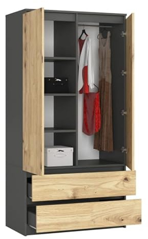 BDW Kleiderschränk 2 Türen, 4 Einlegeböden, Kleiderständer, 2 Schubladen, Mehrzweckschrank, Schubladenschrank, Garderobenschrank für Schlafzimmer, Wohnräume, 180x90x51cm, Grau/Eiche Artisan