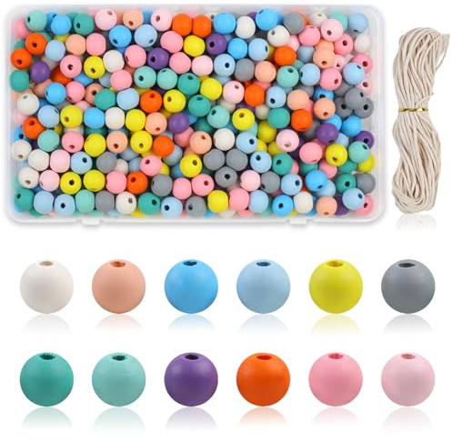 Hopton 300 Stück Holzperlen zum auffädeln, 10mm Bunte Holzperlen mit Loch | Groß Runde Pastel Holz perlen mit gewachstes Band, 12 Farben, für DIY Schmuckherstellung Armbänder Bastelarbeiten