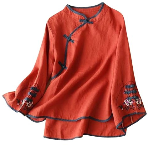 cfpqv Blusa de traje tradicional china para mujer, bordado de algodón, lino, campana, manga larga, botones de rana, blusas cheongsam rojas para mujer