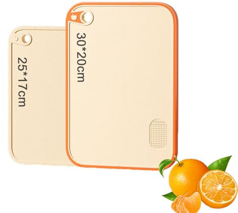 Juego de tablas de cortar para cocina, paja de trigo, tablas de cortar con ranuras para jugo, fáciles de agarrar, agujeros colgantes, antideslizantes, aptas para lavavajillas (2, naranja, 25 x 17