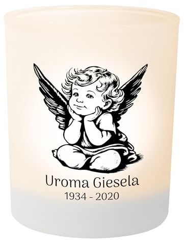 Personalisierter Teelichthalter Engel – Teelichtglas, Gedenklicht für Verstorbene, Geschenk für Trauernde - Trauerlicht personalisiert mit Wunschtext