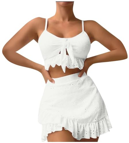Bikini Damen Set Bauch Weg Mit Rock Badeanzug Bauchweg Push Up Bademode High Waist 3 Teiler Mit Rüschen Bikinis Frauen Set Cut Out Triangel Mit Öse Swimsuits Verstellbare Träger Schwimmrock