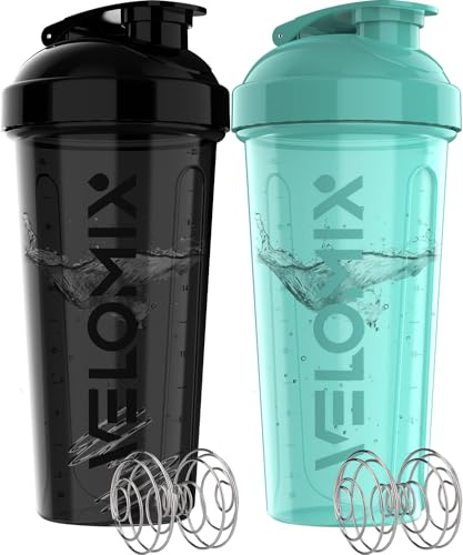 VELOMIX -2 Pack- 28 oz Protein Shaker Bottles for Protein Mixes - 2x Wire Whisk | Leak Proof Shaker Cups for Protein Shakes | Protein Shaker Bottle Pack (Black/Turquoise)