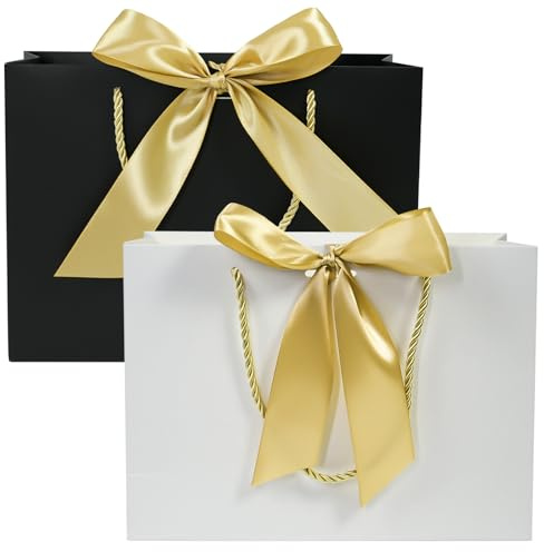 BIHIYII 2Pcs Gift Bags Medium, Birthday Gift Bag, Valentines Gift Bags for Presents, Mother's Day, Christening Wedding Bridesmaid Gift Party Bags for Her Him, 28 x 20 x 9 cm (Black/White)