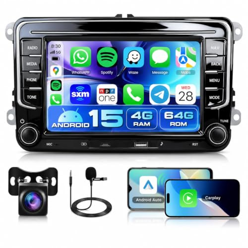 Motorsi 4+64G Carplay Autoradio für VW Seat/Skoda/Altea/Toledo/Leon/Altea XL mit Kabellosem Android Auto, 7 Zoll Android 15 Touchscreen GPS Navi/5G WLAN/Type-C/FM/RDS/SWC/Canbus/BT/EQ+AHD Kamera