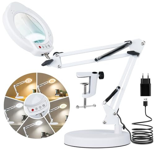 Riokko LED Lupenleuchte, 10X Lupe mit Licht 5 Farbmodi Stufenlos Dimmbar, LED Beleuchtete Lupe mit Licht und Klemme Ständer, Hände Frei für Handwerk Malerei Schließen Arbeit Lesen Basteln-Weiß
