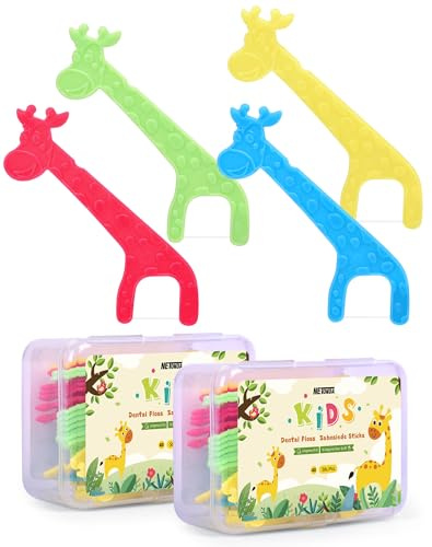 NETONDA Lot de 80 fils dentaires pour enfants - Pour enfants - Pour les espaces interdentaires étroits - Poignées antidérapantes en forme de girafe - Sans cire - Sans fluor - 2 x 40 pièces