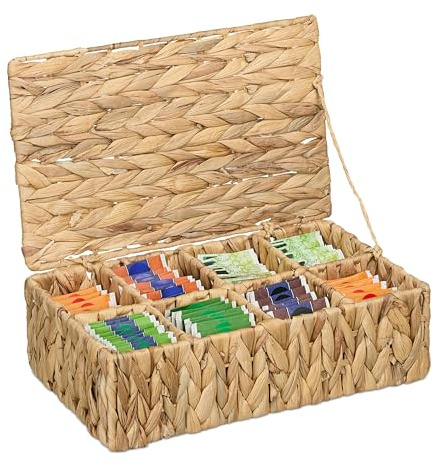 Relaxdays Scatola Porta tè, 8 Scomparti 110 Bustine Tisane, Tea Box Coperchio, 10x33x20,5 cm, Giacinto Acqua, Naturale