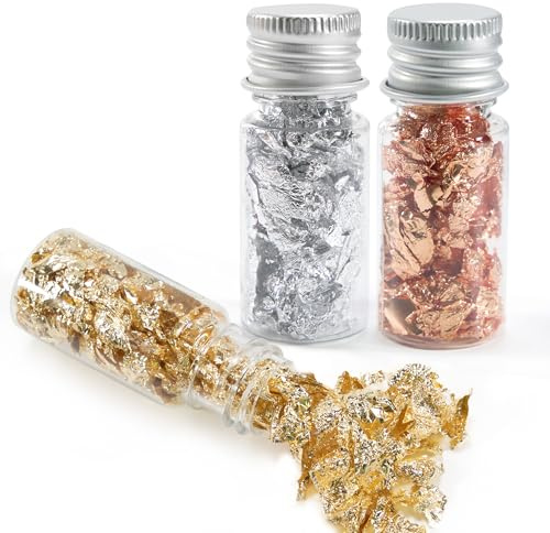 Elalove Blattgold Flaschen-Set Blattgold Essbar 3 Farben Gold, Silber, Roségold, Goldfolie Dekoration für Mousse-Kuchen Backen Schokolade Kunsthandwerk Dekoration