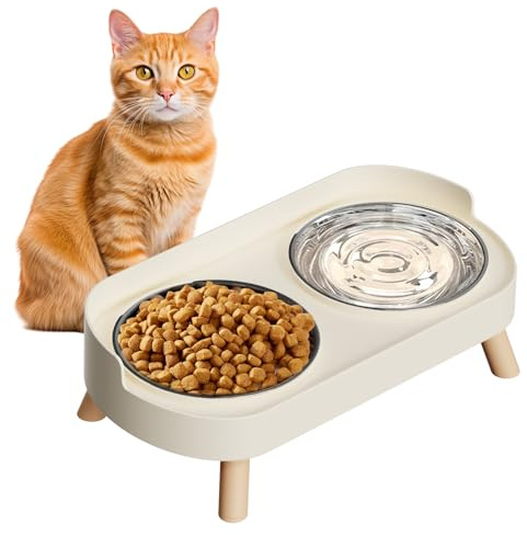 Elevated Cat Bowl, Raised Cat Food and Water Bowl Set for Indoor Cats, Splash Proof with 2 Stainless Steel Pet Food Bowls for Cats and Puppies, Whisker Fatigue and Dishwasher Safe - White