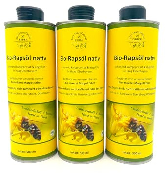 Bio-Rapsöl nativ 3x500 ml kaltgepresst, angebaut und abgefüllt in Oberbayern, Naturland Landwirtschaft, für eine vegane und glutenfreie Ernährung geeignet (1500 ml)