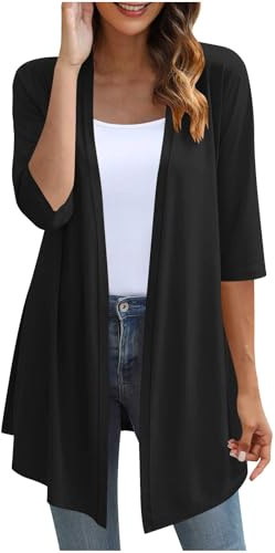 KUIH Cardigans for Women UK Loose Lightweight 3/4 Sleeve Open Front Cardigans Casual Summer Jacket Ladies V Neck Waterfall Cardigan Sweater Cotton Outerwear for Wedding Party Beach Holiday Black
