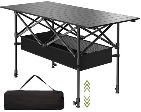 Hsundries 4FT Folding Camping Table,Portable Roll-up Picnic Table with Carry Bag & Mesh Storage,Lightweight Camp Table for Camping,Picnic,Backyard,Party,Patio,BBQ