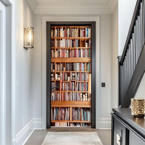 Tizhweqo Türtapete Selbstklebend 80x210 Bücherregal Türfolie Türposter Bücherregal Fototapete Türklebefolie Wandbild Türaufkleber Wandtapete 3D Effekt für Wohnzimmer Schlafzimmer Küche 2667a
