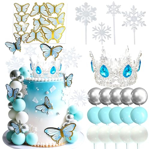 LaVenty palline blu a forma di fiocco di neve per decorare torte decorazioni per torte forzen princess tiara corona decorazioni di compleanno per feste boho