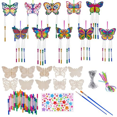 Vxcvzv 10 Stück Schmetterling Windspiel Bastelset, DIY Holz Schmetterlings Basteln Geburtstag Dekoration für Party Feier Geburtstag Gastgeschenke Haus- und Gartendekoration (Schmetterling)