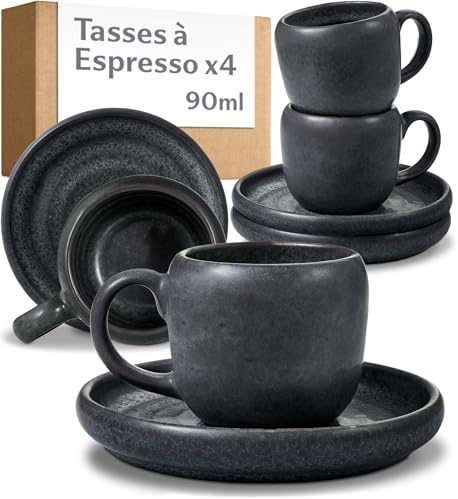 Cosumy Tasse a Café Expresso avec Anse - Set de 4 Tasses 90 ml avec Soucoupes en Céramique - Tasse Cafe Noire - Tasses Élégantes - Compatibles lave-vaisselle