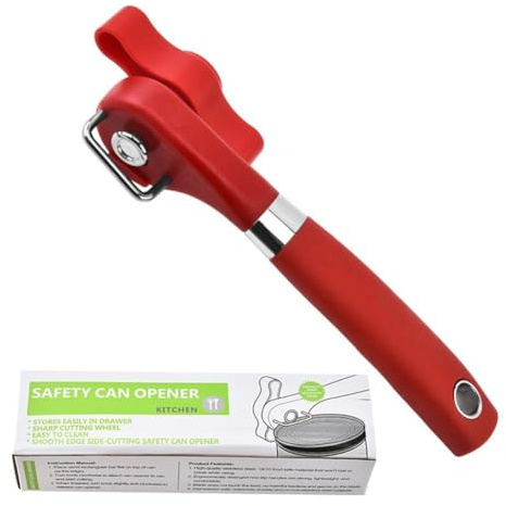 NiuLumea Abrelatas manual seguro, herramienta de apertura lateral de acero inoxidable con un solo mango para uso doméstico, color rojo